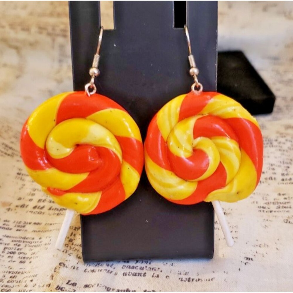 Y2K, Quirky, Whimsical, Dangling Lollipop Earrings - Orange and Yellow Swirls